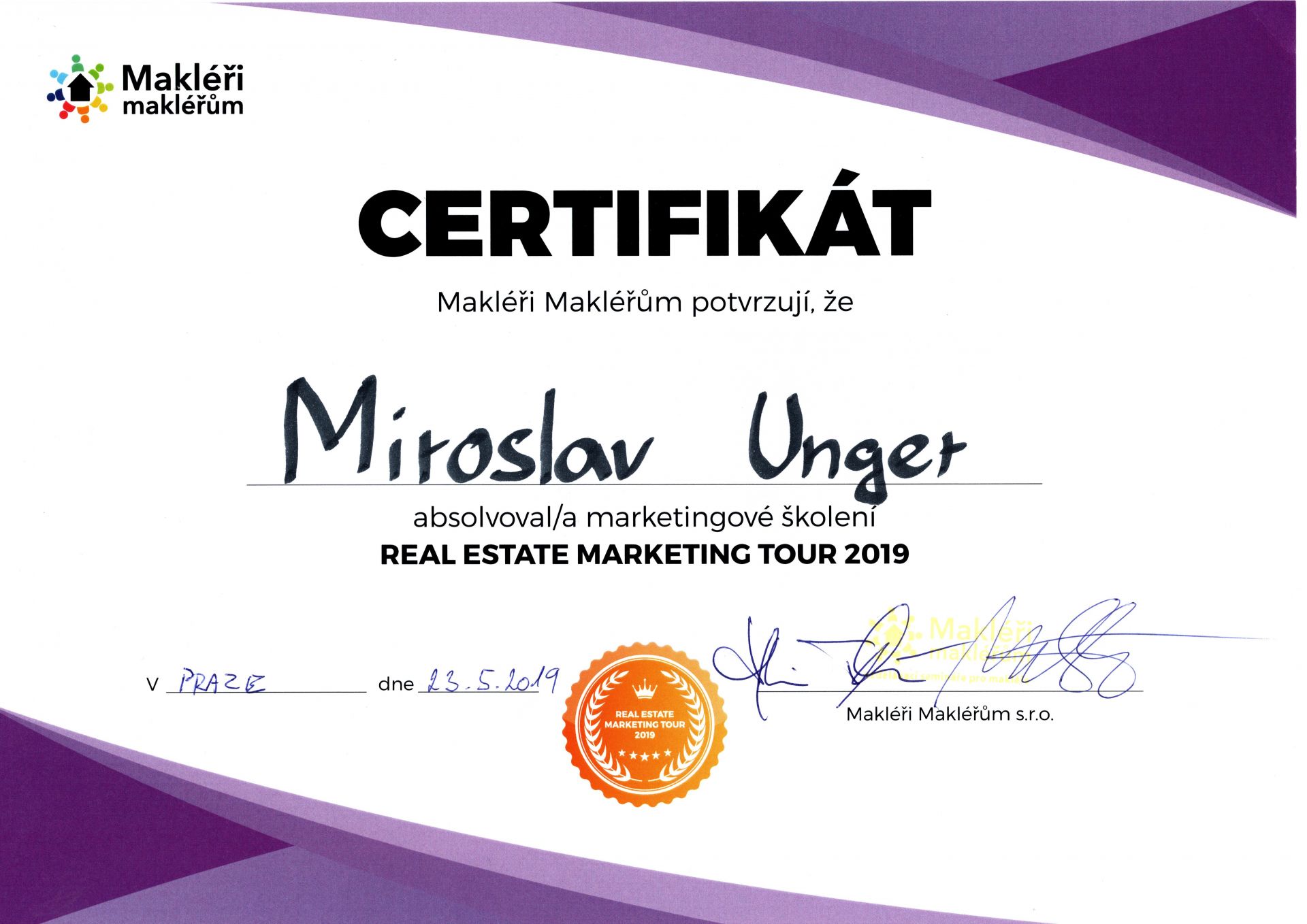 Miroslav_Unger_certifikat_maklere